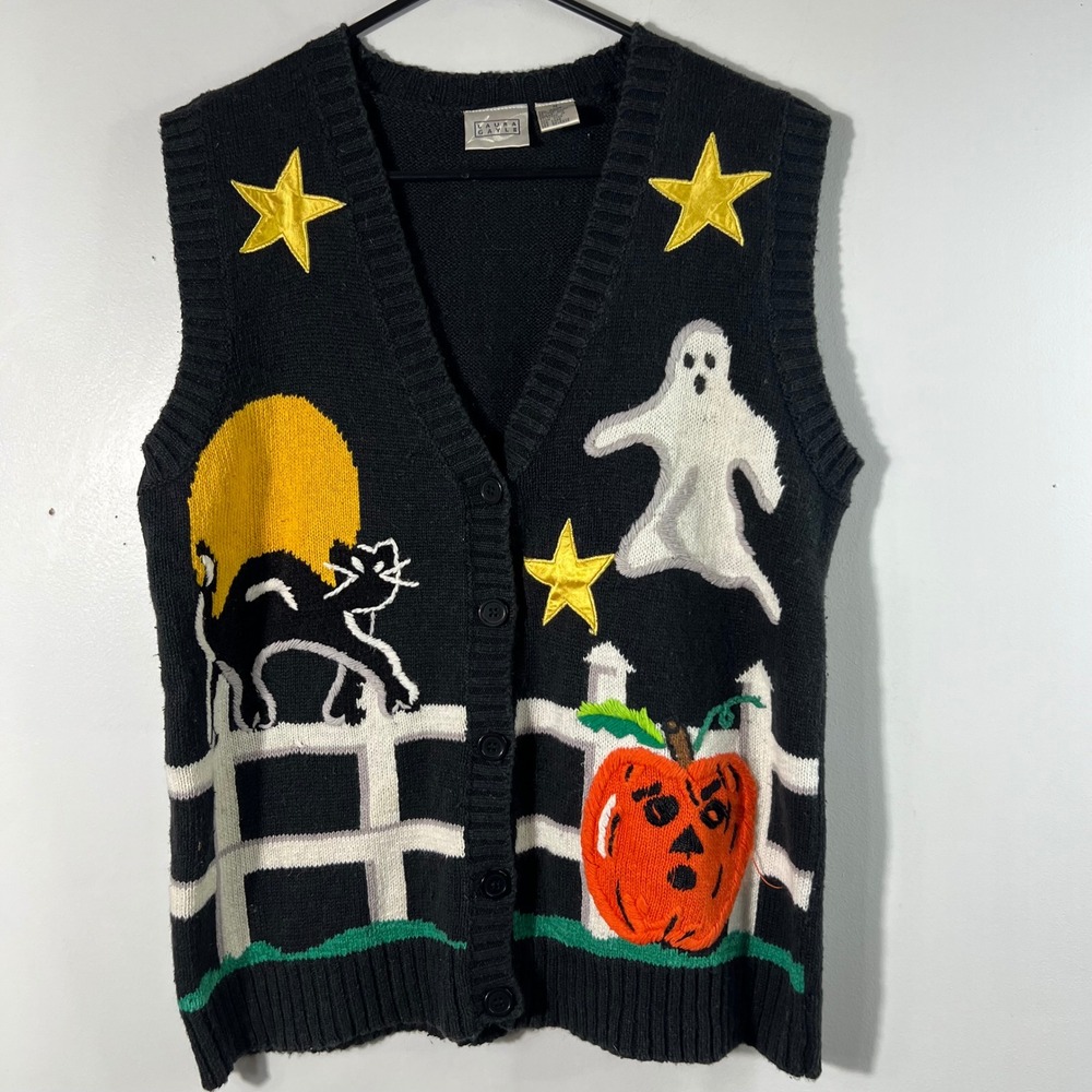 Laura Gayle Vintage Halloween Sweater Vest Black Cat Ghost Pumpkin V-Neck M